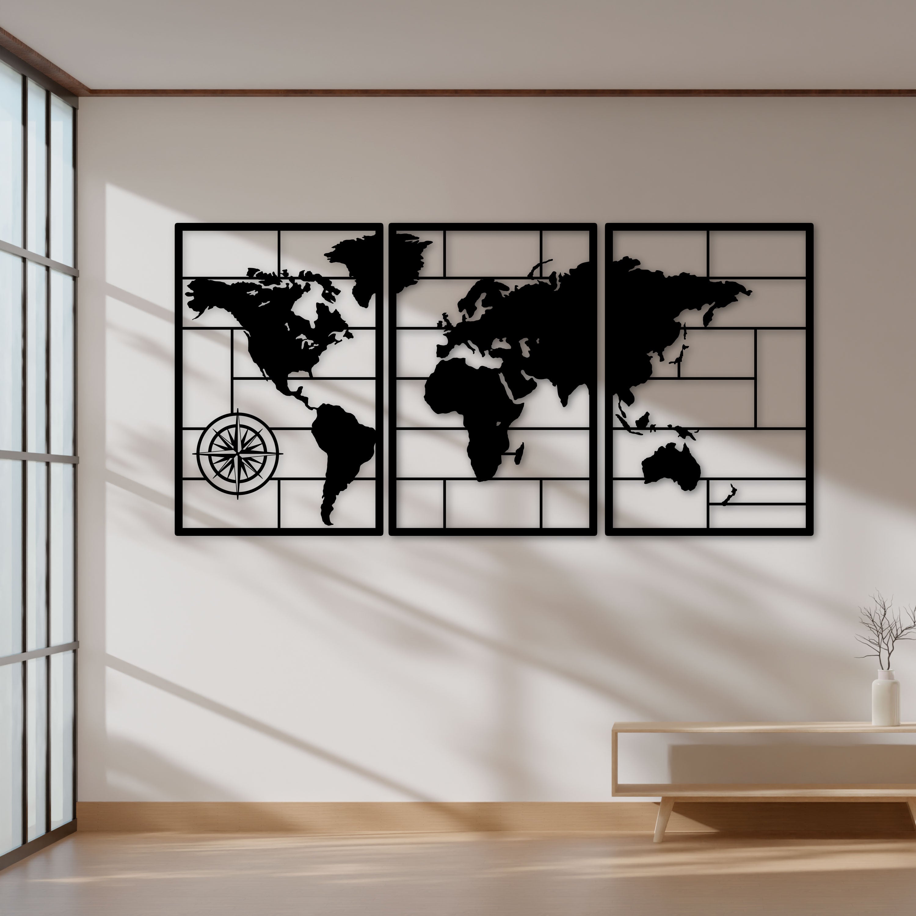 Décoration Murale en Métal - Triptyque Carte du Monde (M4)
