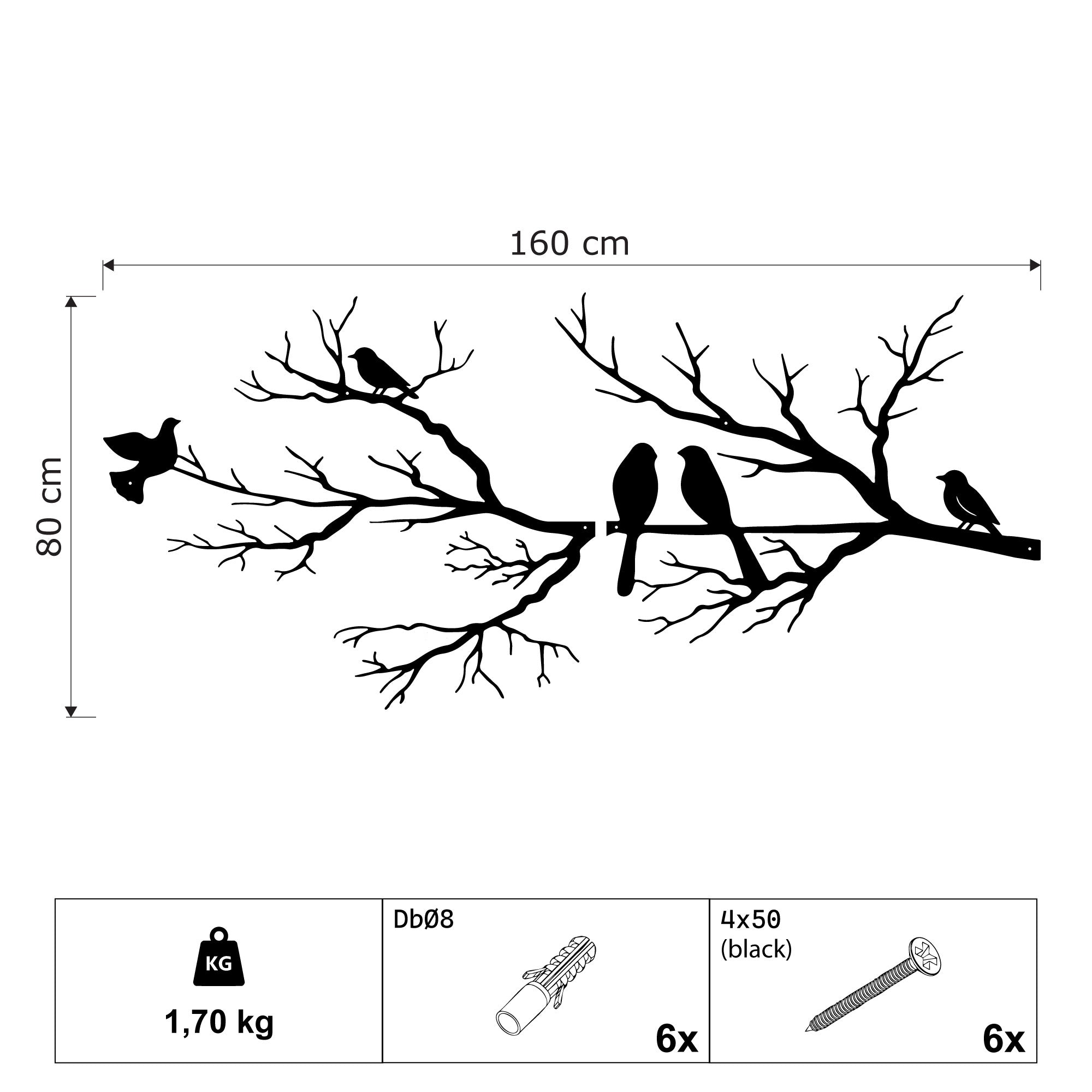 Wanddekoration aus Metall - Vögel auf Ast (V.2)