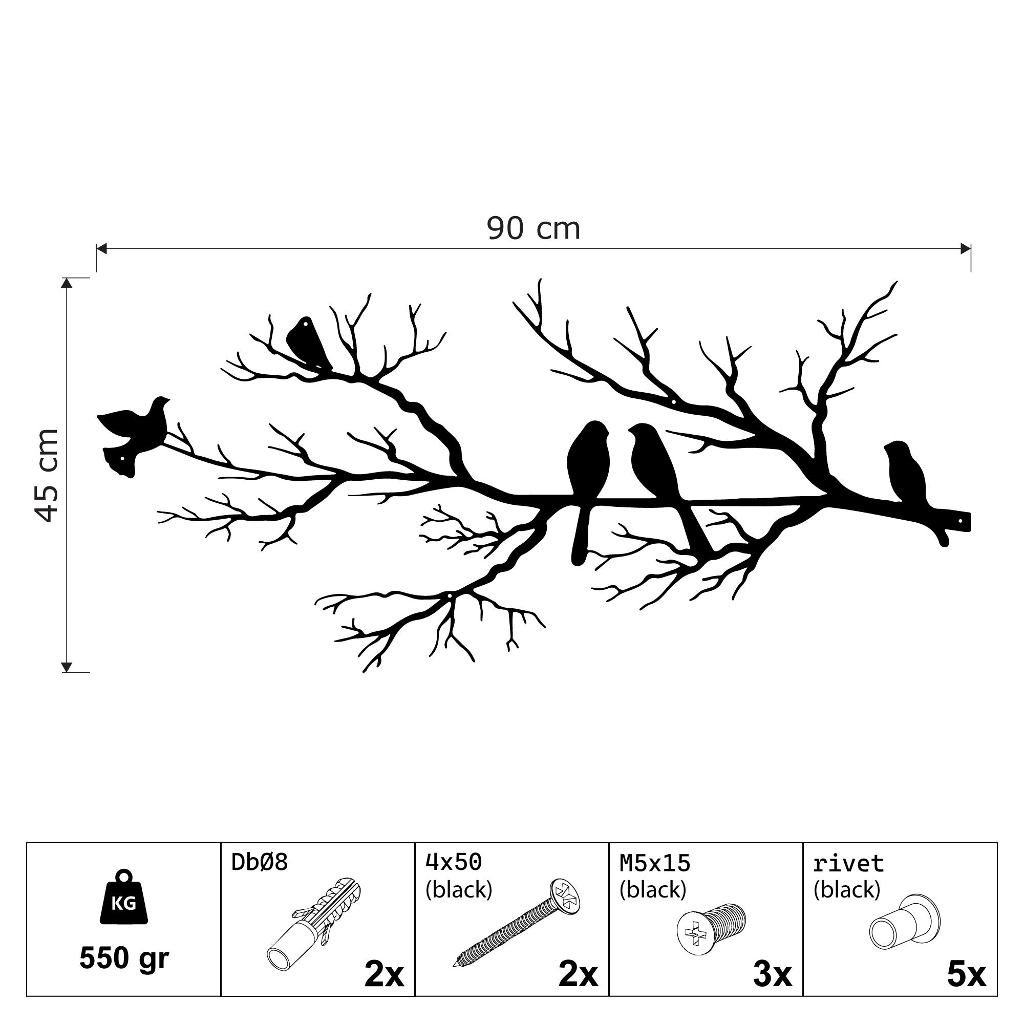 Wanddekoration aus Metall - Vögel auf Ast (V.2)