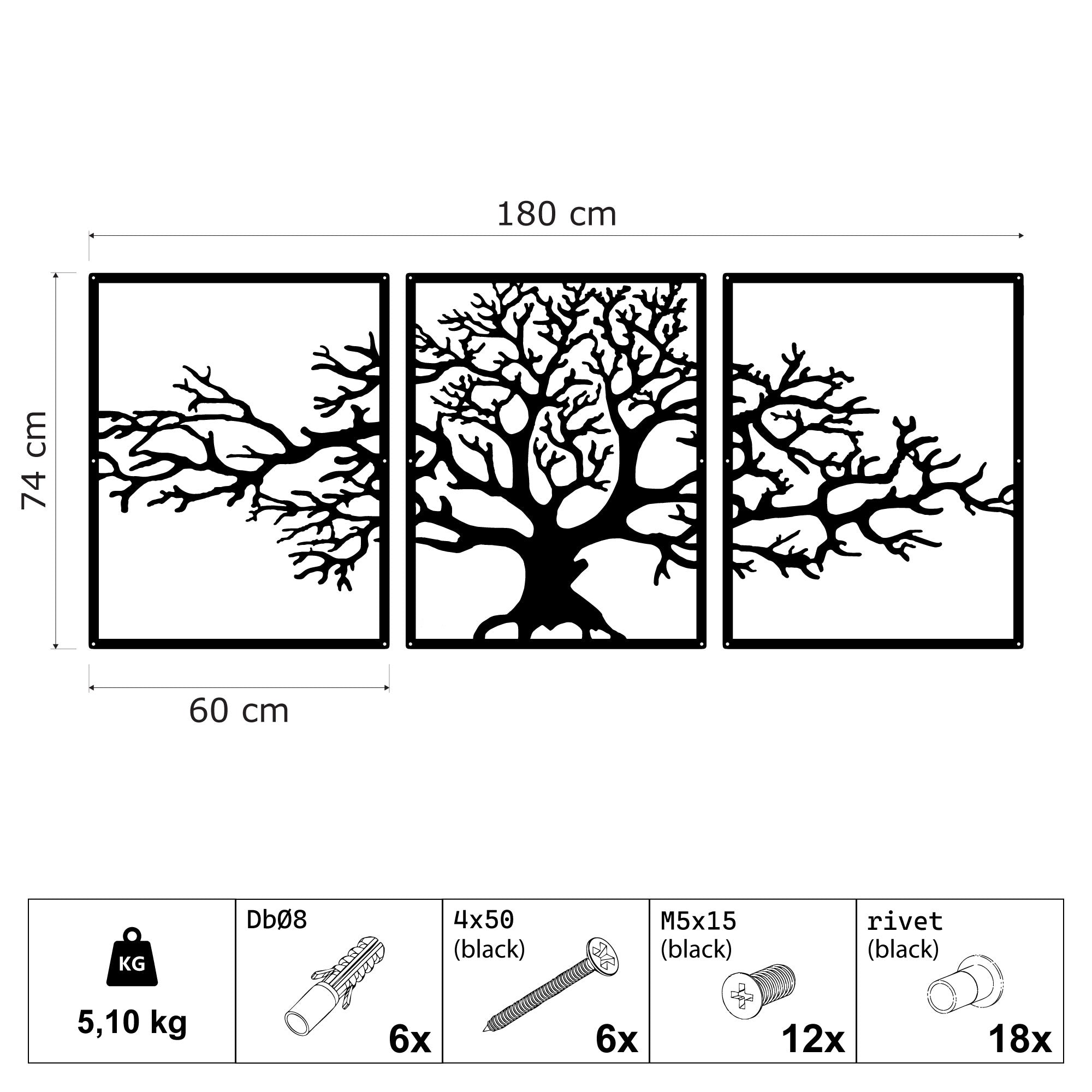 Décoration murale en métal moderne - Triptyque Arbre De Vie (P01)
