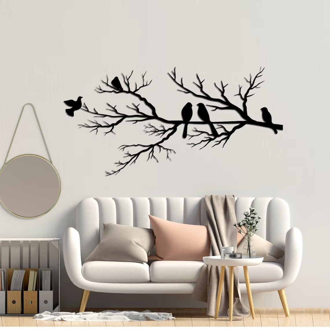 Décoration murale en métal moderne - Oiseaux sur branche (v2)