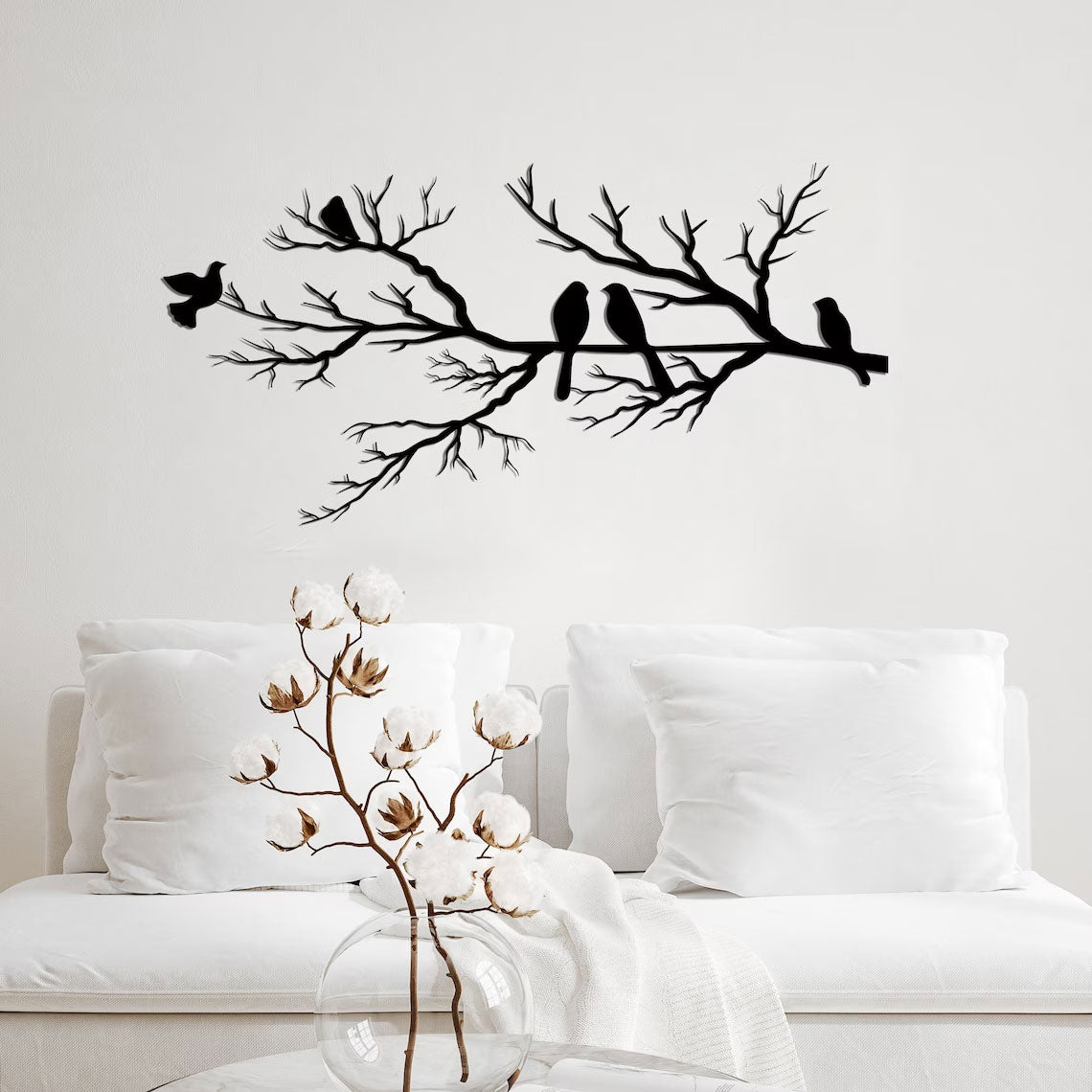 Décoration murale en métal moderne - Oiseaux sur branche (v2)