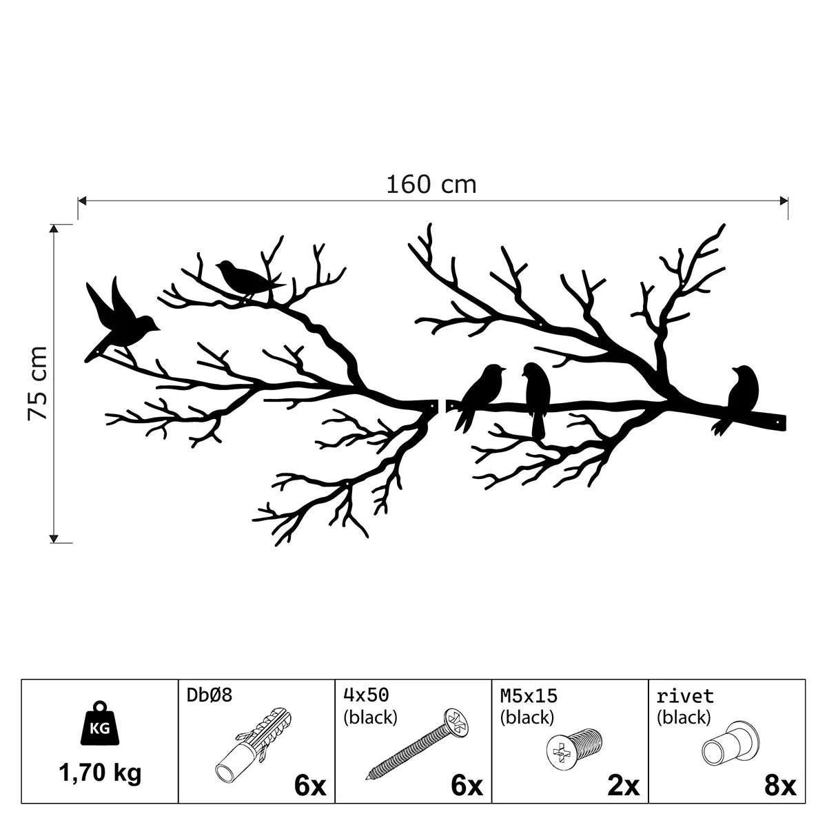 Décoration murale en métal - Oiseaux sur branche - 160x75 cm dimensions