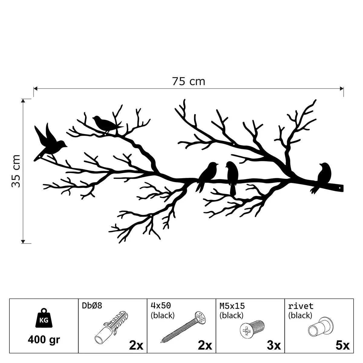 Décoration murale en métal - Oiseaux sur branche - 75x35 cm dimensions