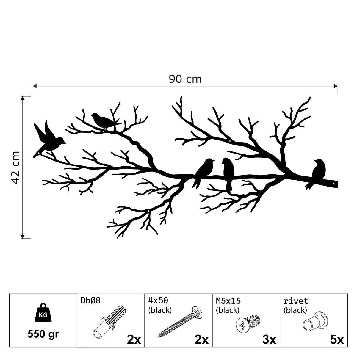 Décoration murale en métal - Oiseaux sur branche - 90x42 cm dimensions