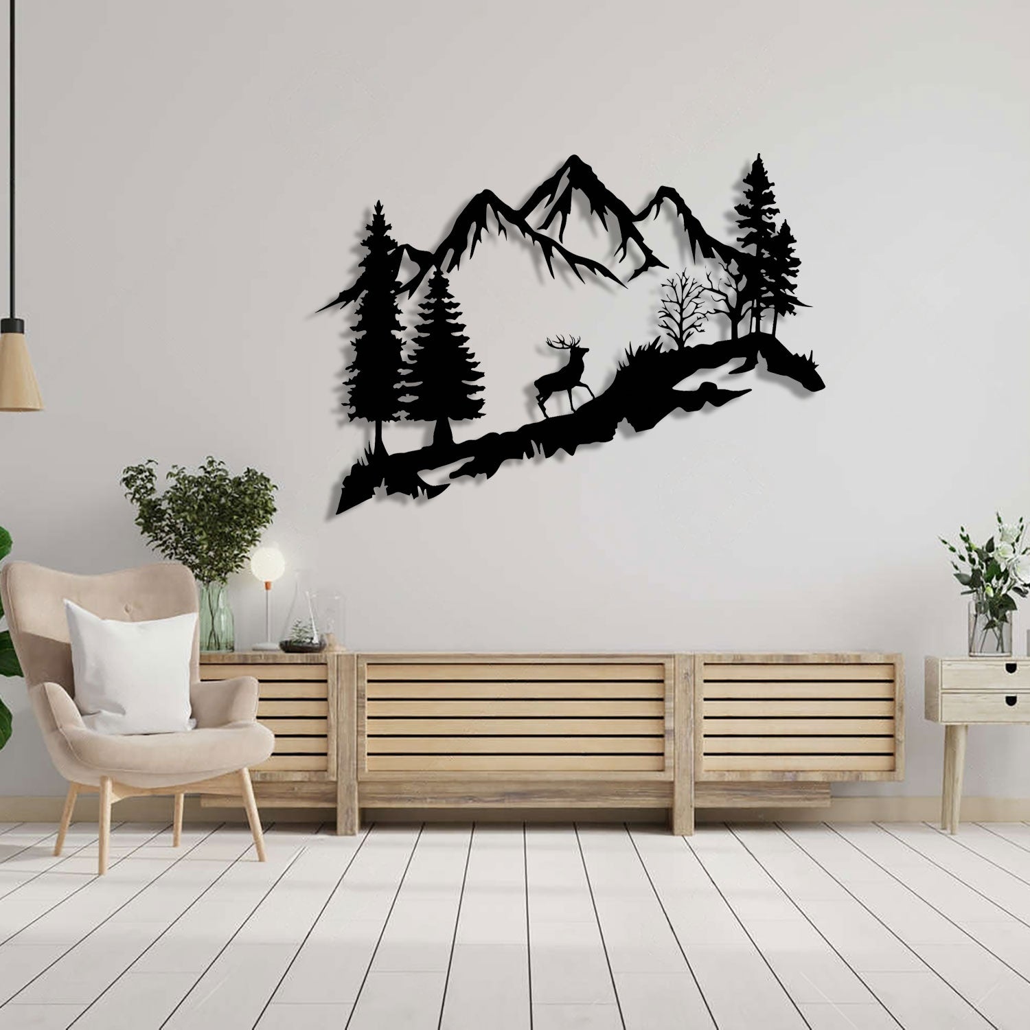 Décoration murale en métal noir - Montagne et cerf