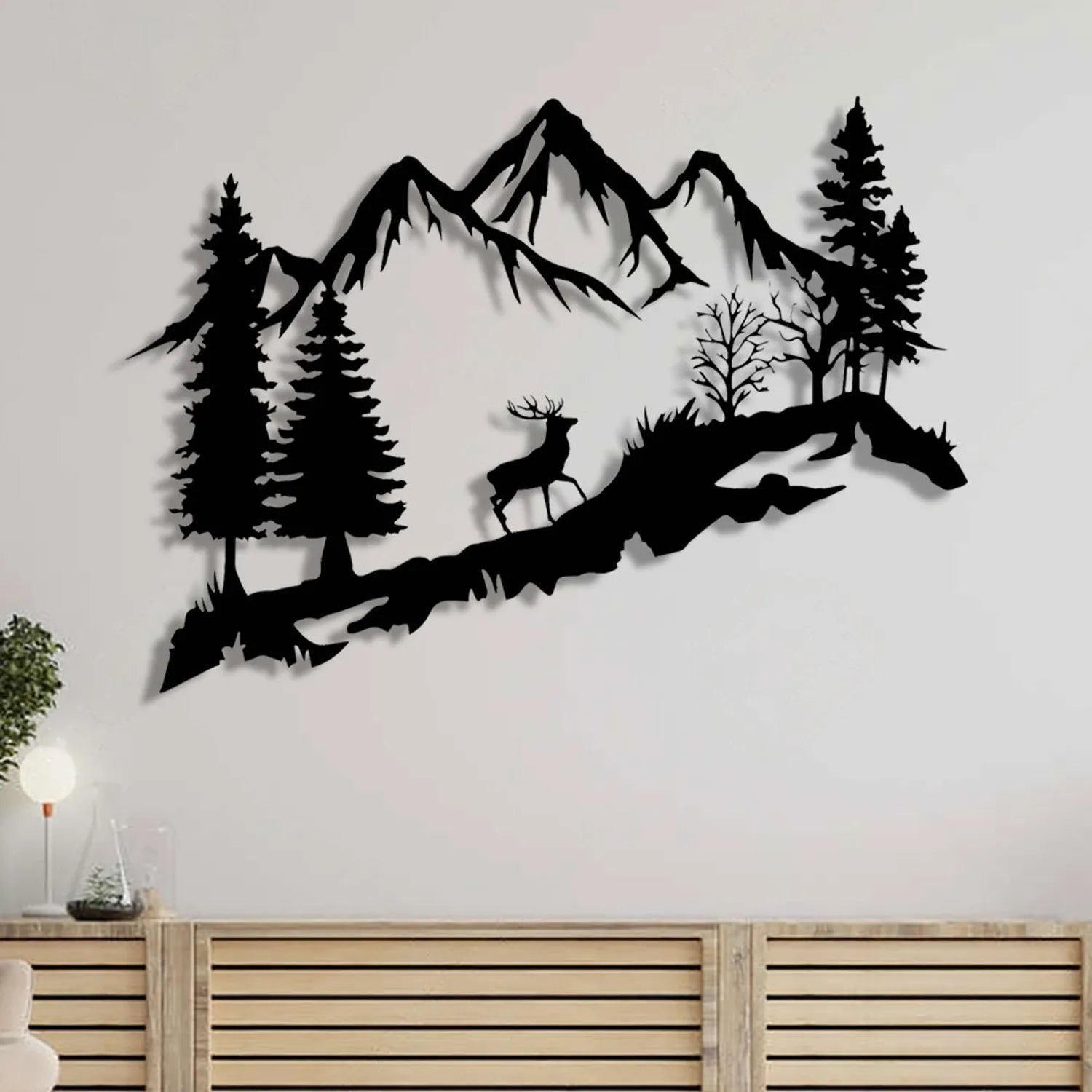 Décoration murale en métal noir - Montagne et cerf