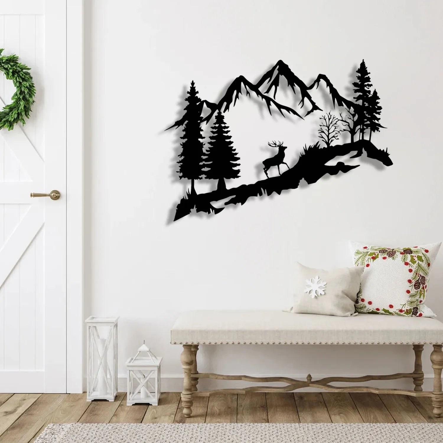 Décoration murale en métal noir - Montagne et cerf