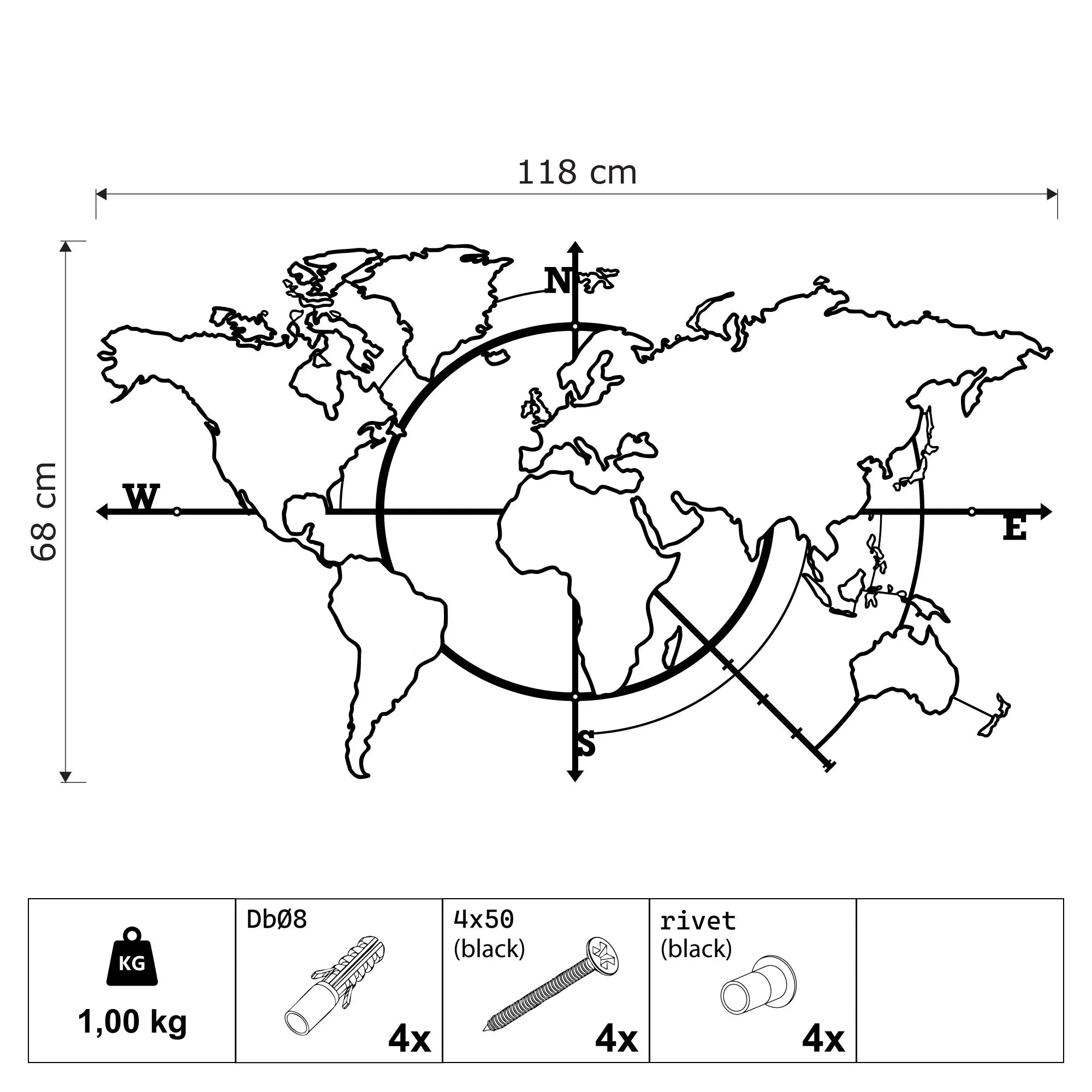 Décoration murale en métal - Carte du monde dimensions