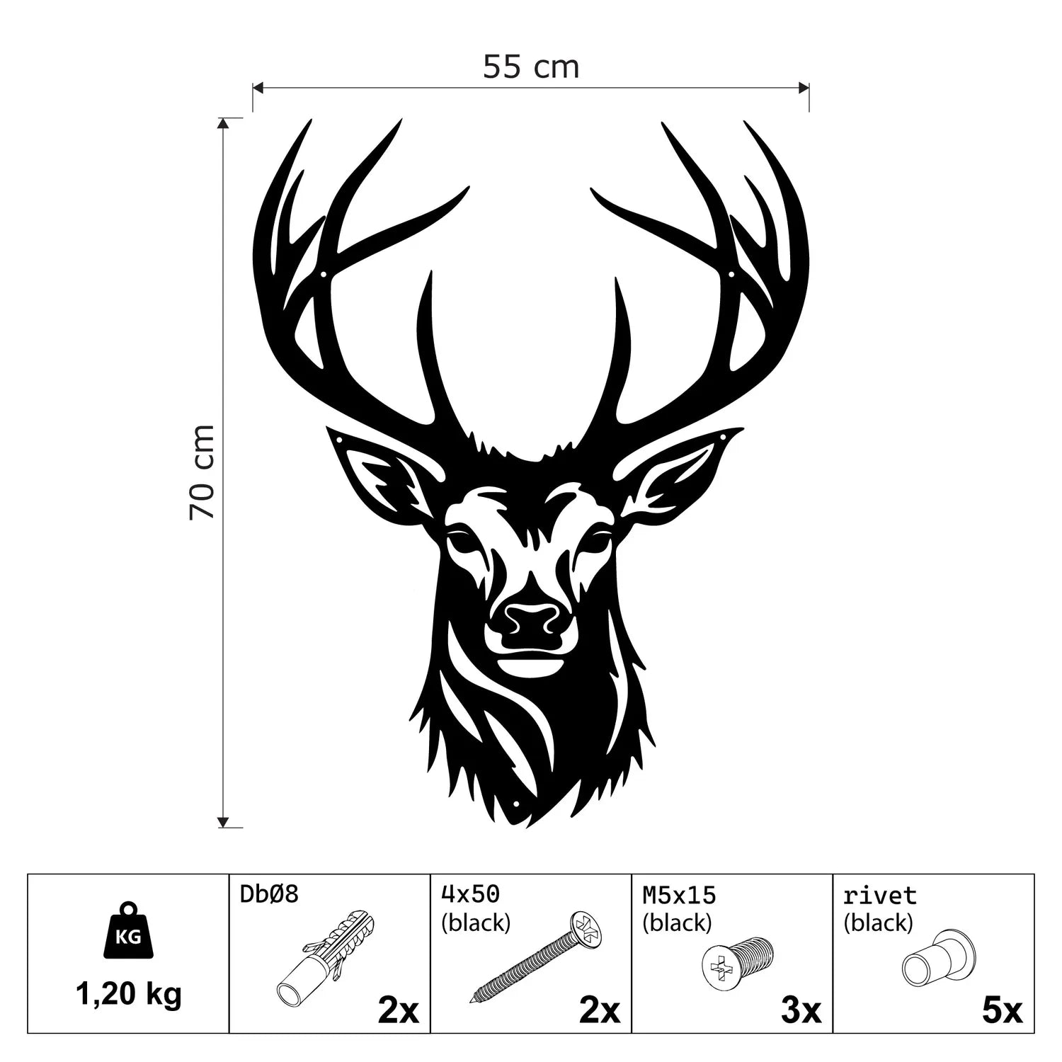 Décoration murale en métal noir - Tête de cerf 55x70 cm