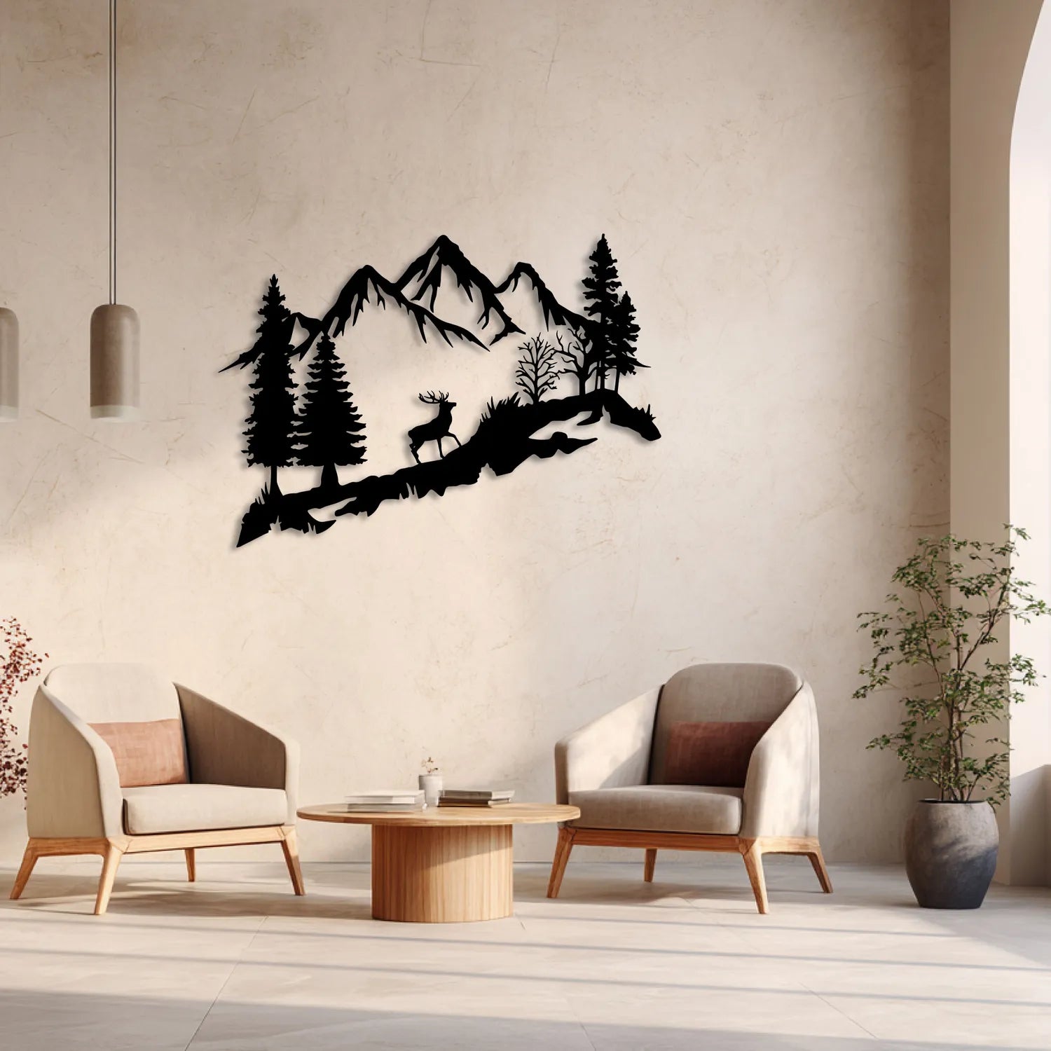 Décoration murale en métal noir - Montagne et cerf