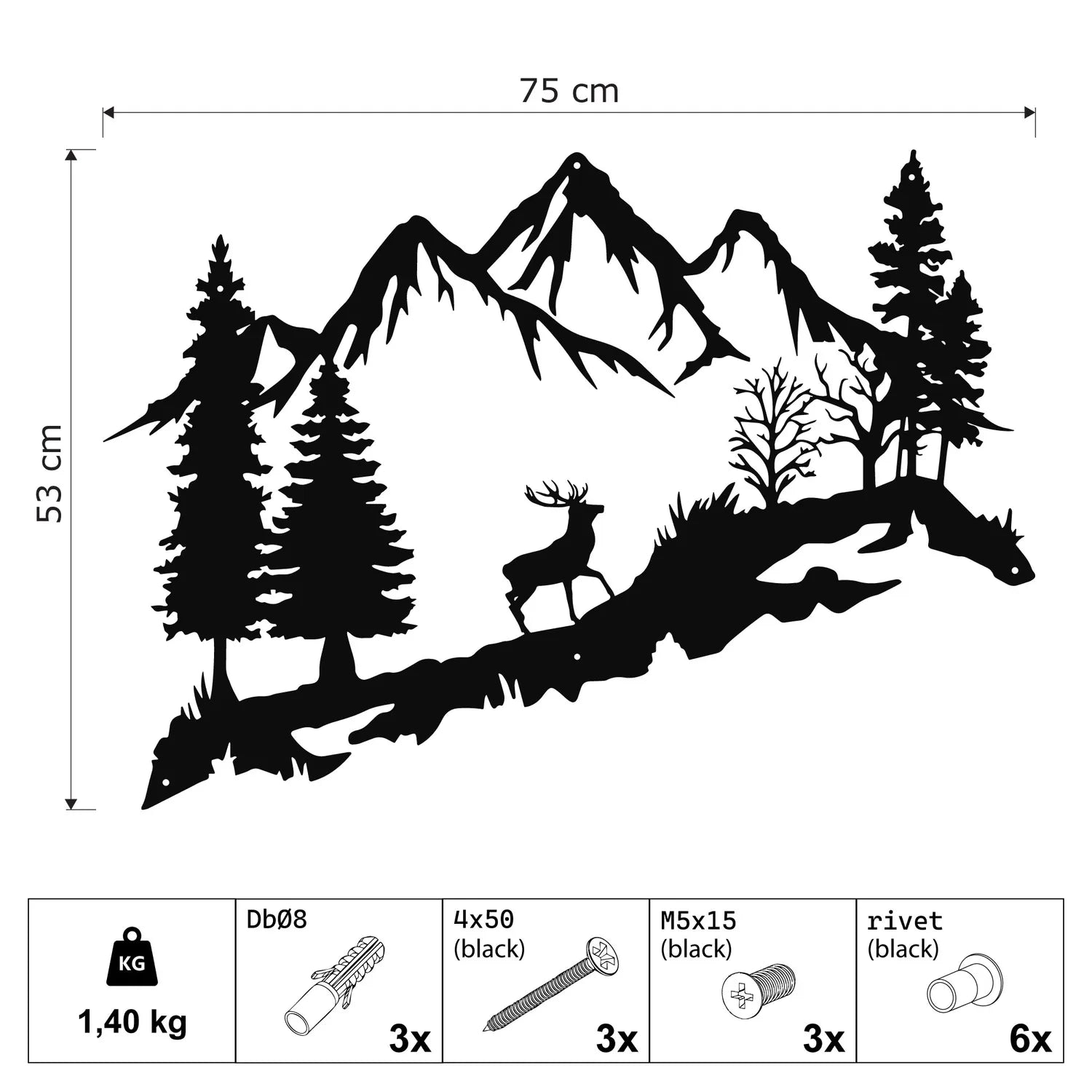 Décoration murale en métal noir - Montagne et cerf 75x53 cm