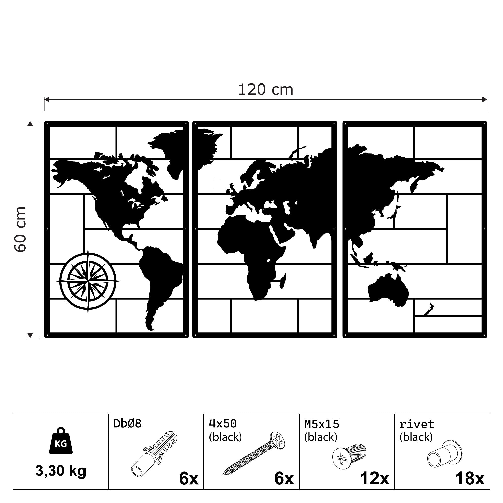 Decorazione Murale in Metallo - Trittico di mappe del mondo (M4)