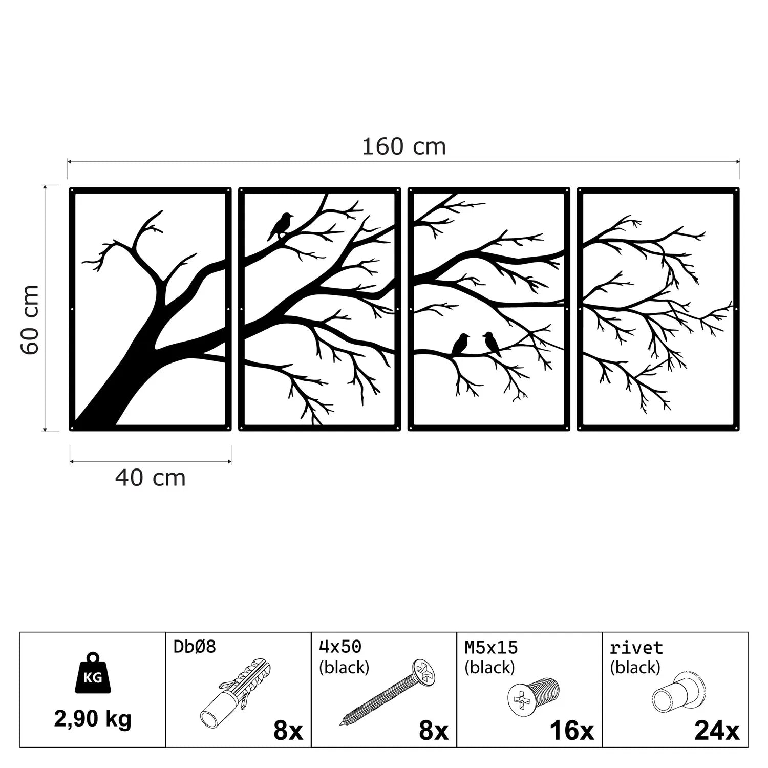 Décoration murale en métal - Quadra branches 160x60 cm