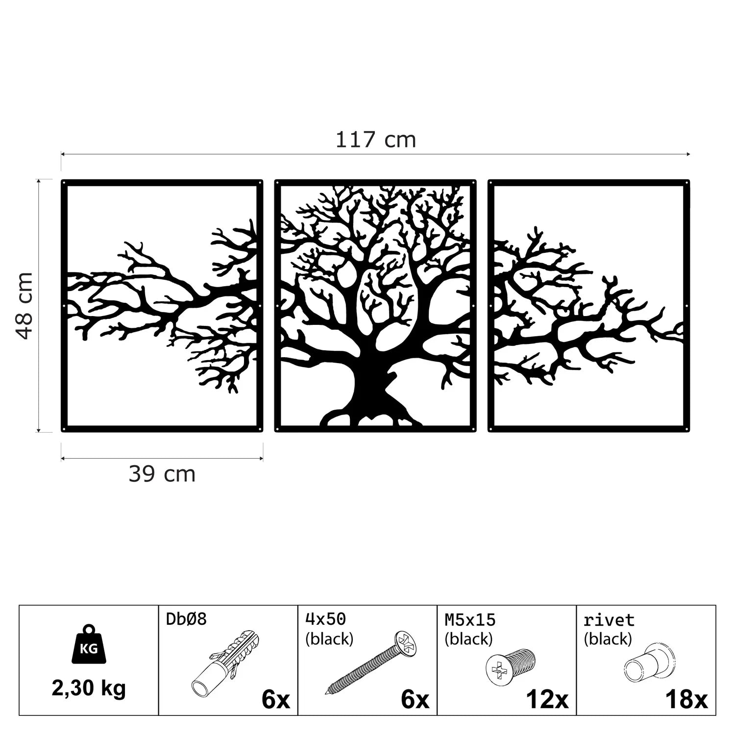 Décoration murale en métal - Triptyque arbre de vie 117x48cm