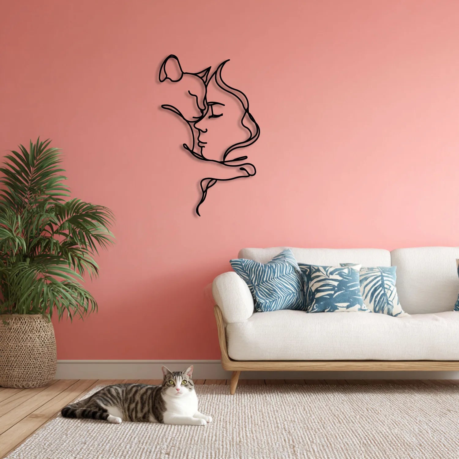 Décoration murale en métal noir - Femme et chat