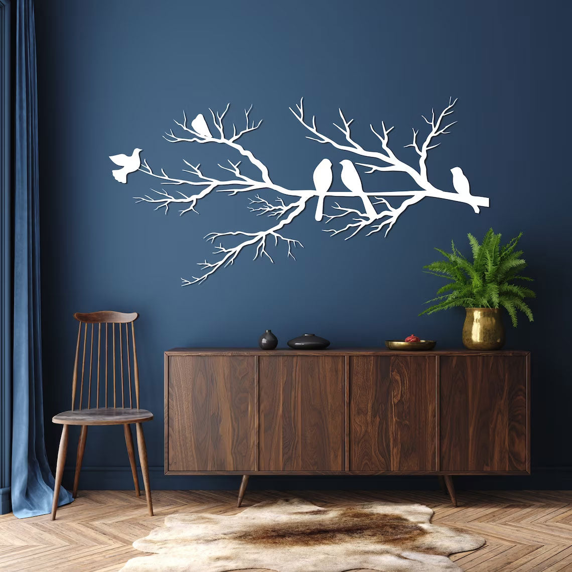 Décoration murale oiseaux sur branche en métal noir 90x16 cm